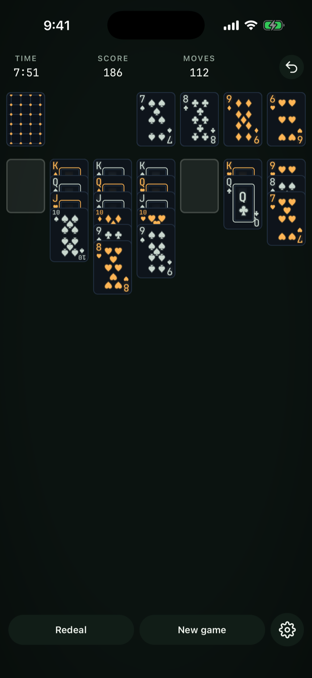 A late game with the Night deck on the midnight table, foundations climbing